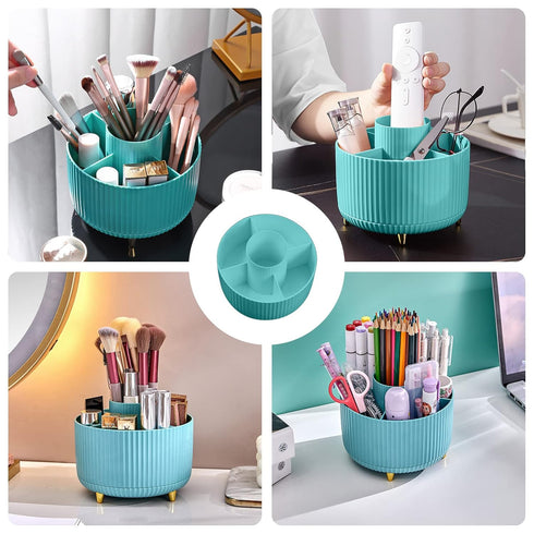 360 Rotating Makeup Brush Organizer, Blue Spinning Countertop Holder with 5 Sections for Cosmetics, Nail Polish, Art