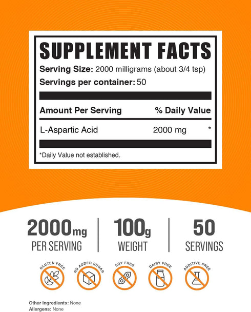 BulkSupplements.com L-Aspartic Acid Powder, Amino Acids Supplement for Energy Support, Gluten Free, 100g