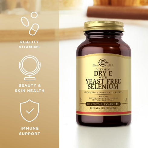 Solgar Dry Vitamin E with Yeast-Free Selenium - 100 Vegetable Capsules - Advanced Antioxidant Support, Non-GMO