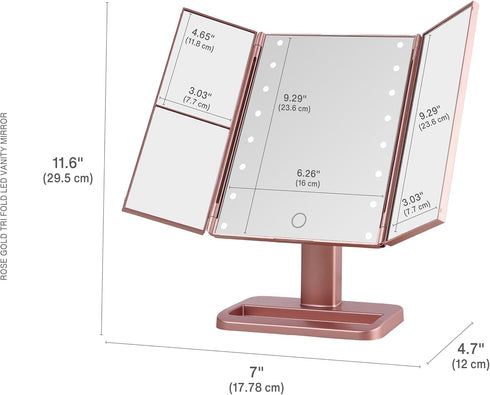 MELANNCO Rose Gold Tri Fold LED Vanity Mirror, 3 Magnifications, Dimmable LED Lights, Touch Control