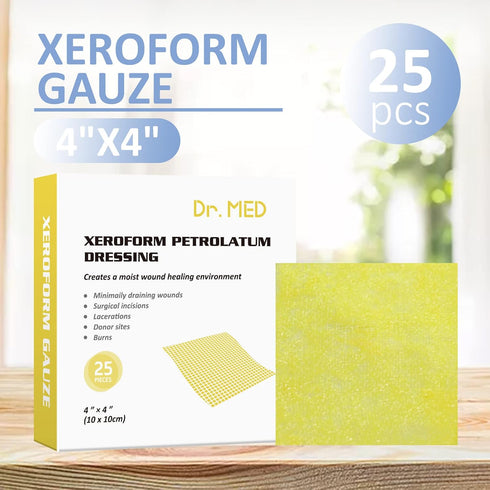 Dr.Med Xeroform Petrolatum Dressing Patch, 4"x4", 25 Pcs/Box, Non-Adherent Gauze Dressings for Minor Burns, Lacerations