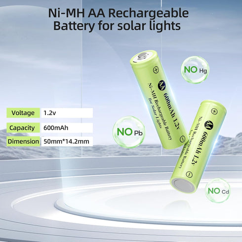 Ni-MH Rechargeable AA Batteries, 600mAh 1.2V Solar Batteries for Garden Landscaping, Outdoor Lights (8 Pack)