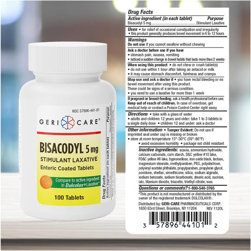 GeriCare Bisacodyl 5 mg Laxative Coated Tablet, Generic for Dulcolax, 100 Count, Pack of 2