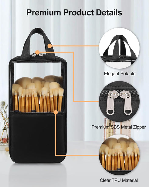 MONSTINA Makeup Brush Organizer Bag,Large Capacity Portable Stand-Up Makeup Brush Holder,Professional Artist Makeup Brush Sets Case Dust-proof TPU Transparent Clear
