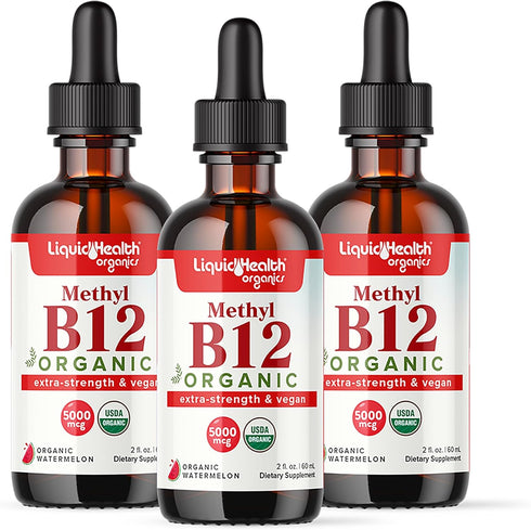 LIQUIDHEALTH Methyl Vitamin B12 Organic Liquid Drops, 2 Fl Oz - 3 Pack, Energy Boost, Focus, Vegan Safe