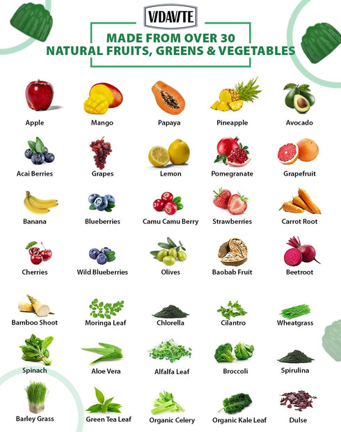 Sugar-Free Fruit and Veggie Gummies - 35+ Greens, Fruit & Vegetable Vitamins for Immunity, 60 Gummies