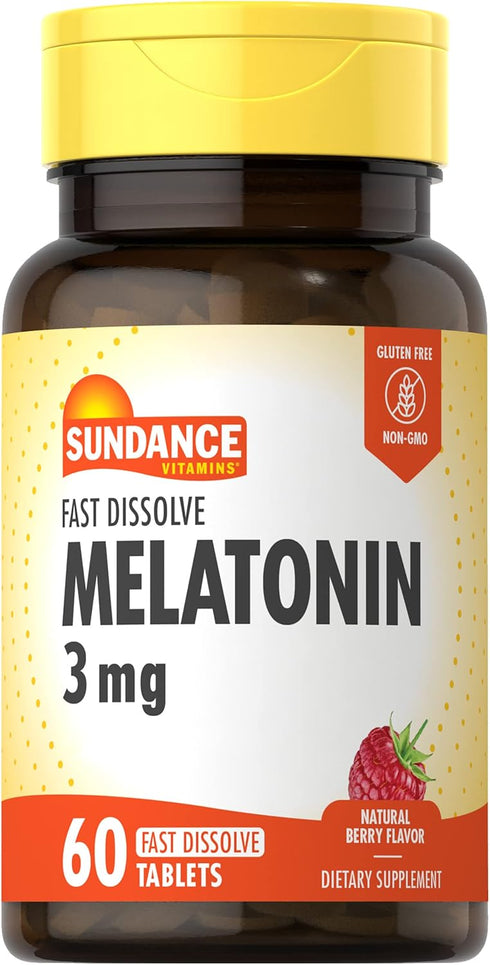 Melatonin 3mg Fast Dissolve, 60 Vegetarian Tablets, Natural Berry Flavor, Non-GMO, Gluten Free Supplement