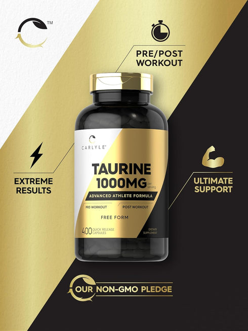 Carlyle Taurine 1000mg Capsules - 400 Count, Free Form, Non-GMO, Gluten Free Supplement