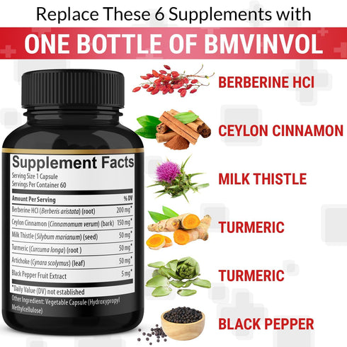 Berberine Supplement with Ceylon Cinnamon, Turmeric, Artichoke, Milk Thistle - Berberine HCl Supplement Pills - 60 Capsules