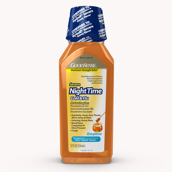 GoodSense Nighttime Honey Flavor Severe Cold and Flu Relief, Liquid Medicine, 12 Fl Oz