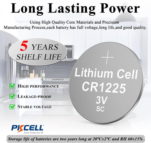 PKCELL CR1225 3V Lithium Button Battery for Thermometer (5 Counts)