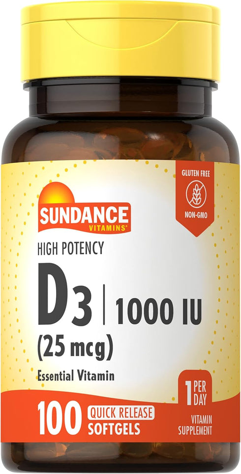Sundance Vitamin D3 1000iu | 100 Softgels | High Potency Formula, Non-GMO and Gluten Free Supplement