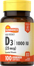 Sundance Vitamin D3 1000iu | 100 Softgels | High Potency Formula, Non-GMO and Gluten Free Supplement