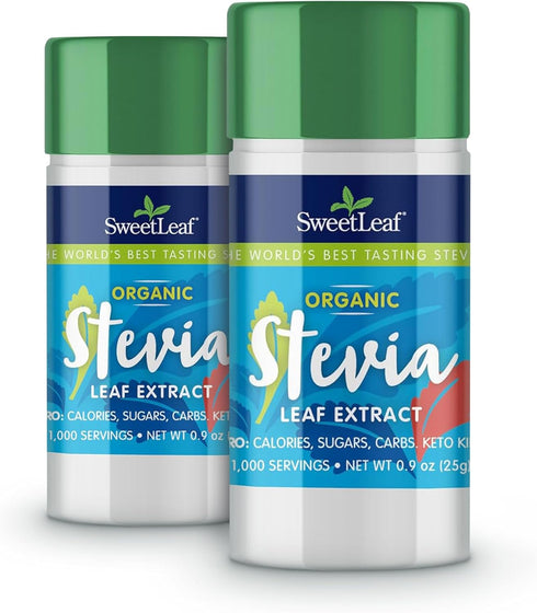 SweetLeaf Organic Pure Stevia Powder Shaker Jar, Zero Calorie Sweetener, 0.9 Oz (Pack of 2)
