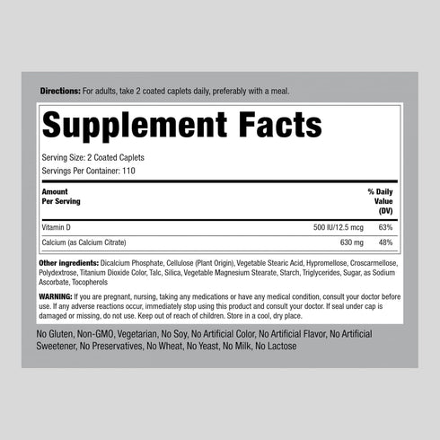 Calcium Citrate with Vitamin D3 | 630 mg | 220 Caplets | Non-GMO, Gluten Free Supplement | by Piping Rock