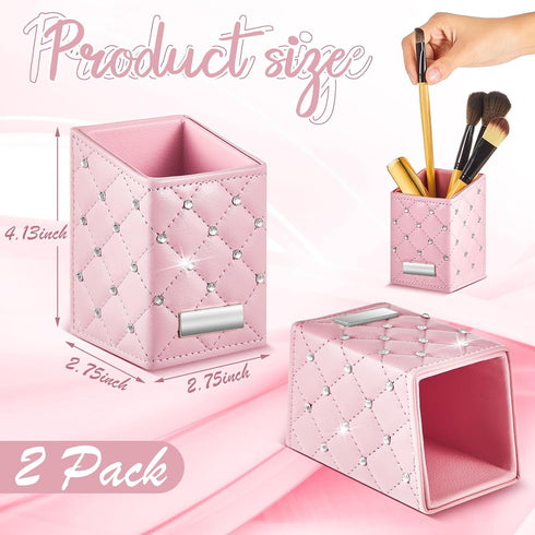 2 Pcs Makeup Brush Holder Crystal Bling Brushes Cup PU Leather Waterproof Glitter Makeup Holder for Women Girls Travel Cosmetic Storage Organizer Dresser Vanity Accessories, Pink