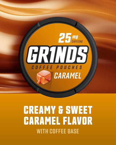 Grinds Coffee Pouches, 3 Cans of Caramel, 18 Pouches Per Can, Tobacco Free & Nicotine Free Healthy Alternative
