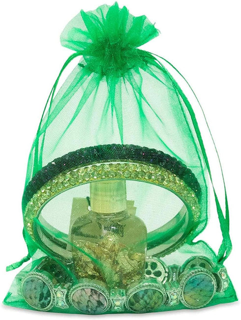100pcs 4x6 inch Gifts Wrap Bags - Green Organza Sheer Fabric Bulk, Drawstring Reusable Pouch for Baby Shower Favor