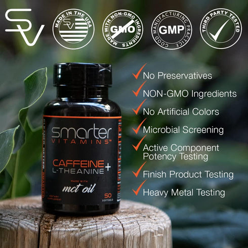 SmarterVitamins 200mg Caffeine Pills - MCT Oil from 100% Coconuts + 100mg L-Theanine, Energy Focus, 50 Liquid Softgels