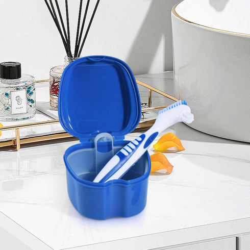 Blue Denture Bath Case Cup Holder, Storage Container with Cleaner Brush and Strainer Basket for Travel Cleaning