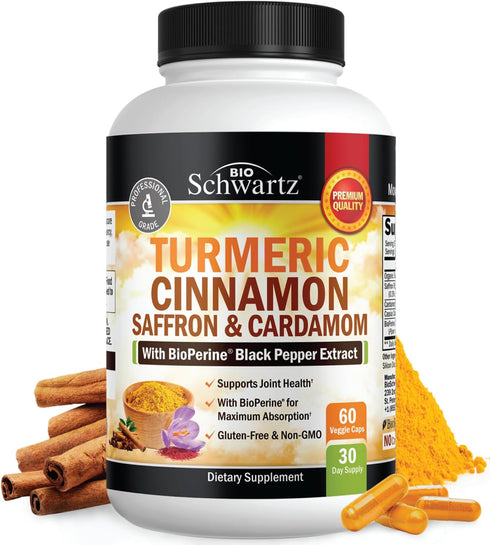 Turmeric Supplement with Saffron, Cinnamon & Cardamom - 60 Capsules, Natural Tumeric Curcumin Joint Support Supplement