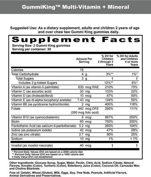 Multi Vitamin + Mineral Gummi (Dietary Supplement), Natural Grape, Lemon, Orange, Strawberry, and Cherry, 60 Count, BT-GKMU-029