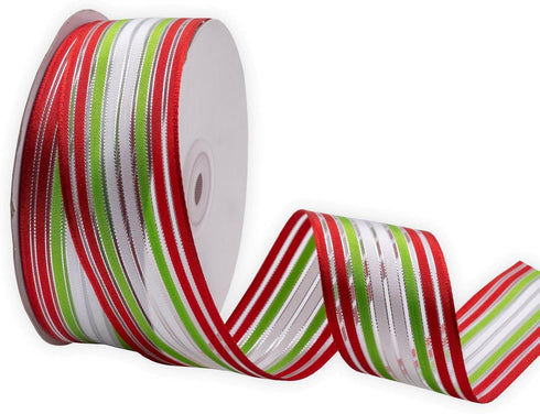 Wired Sheer Ribbon with Red/Green/White Stripes, 1-1/2 Inch x 25 Yards for DIY Gift Wrapping, Wreath Decoration