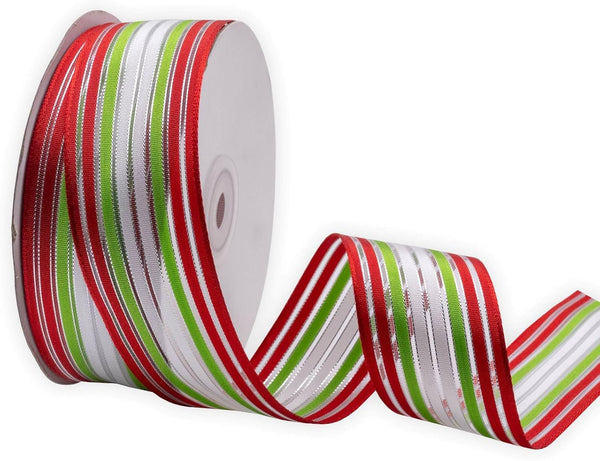 Wired Sheer Ribbon with Red/Green/White Stripes, 1-1/2 Inch x 25 Yards for DIY Gift Wrapping, Wreath Decoration
