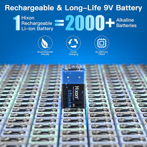 Hixon 9V 850mAh 9V (4 Pack) 9 Rechargeable Batteries High Capacity Batteries Volt Lithium Batteries for Smoke Alarms