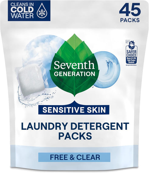 Seventh Generation Laundry Detergent Packs, Free & Clear, Made for Sensitive Skin,
