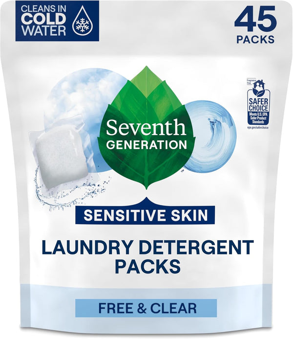 Seventh Generation Laundry Detergent Packs, Free & Clear, Made for Sensitive Skin,