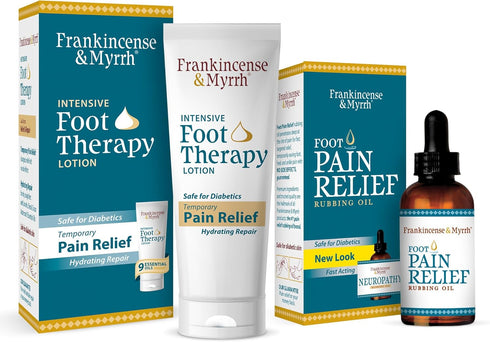 FRANKINCENSE & MYRRH Foot Pain Combo Pack - Foot Pain Relief Rubbing Oil (2 oz) and Intensive Foot Therapy Lotion (3 oz)