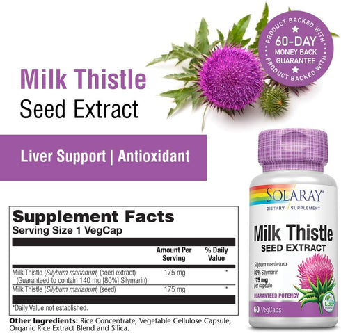 SOLARAY Milk Thistle Seed Extract, 175mg, Antioxidant for Healthy Liver, Non-GMO & Vegan