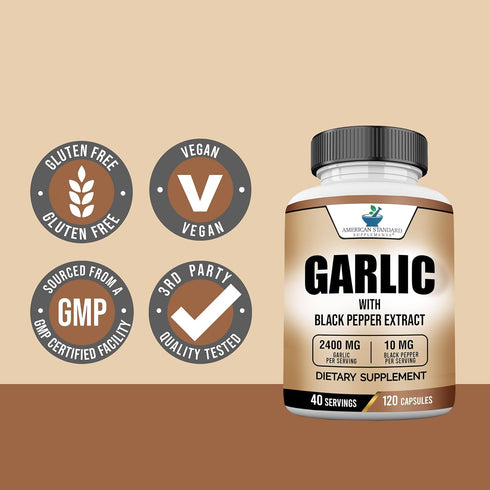 American Standard Supplements Garlic 2400mg with Black Pepper Extract - 120 Vegan Non-GMO Gluten Free Capsules, 40