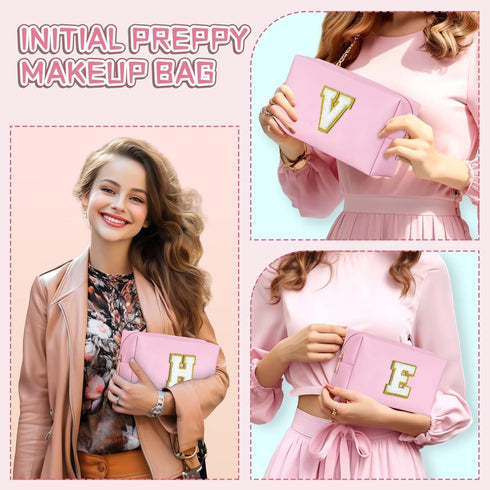 Preppy Patch Makeup Bag, Chenille Letter Pouch Cosmetic Bag, PU Leather Waterproof Toiletry Bag, Personalized Gift for
