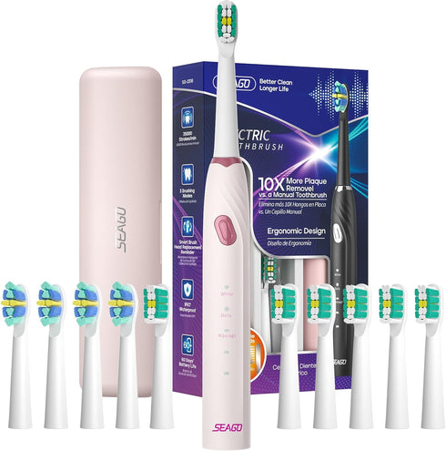 SEAGO Electric Toothbrush with 10 Brush Heads, Travel Toothbrush with Case and Timer for Adults