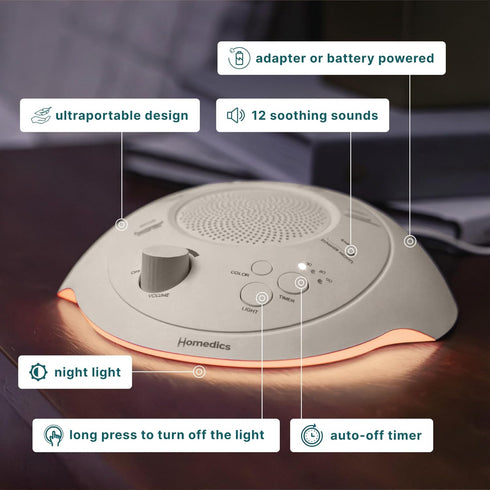 Light,12 Homedics Sleep Better Portable Sound Machine, Night Soothing Sounds Including White Noise, Rain