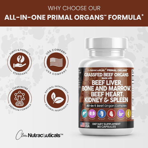 Clean Nutraceuticals Grass Fed Beef Liver Capsules - 3000mg - Premium Quality Supplement with Desiccated Beef Heart,