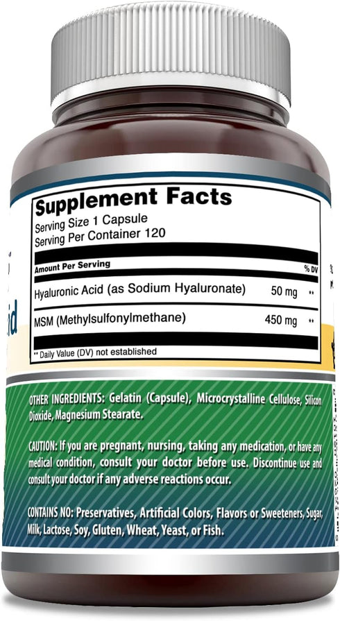 Amazing Formulas Hyaluronic Acid & MSM Supplement, 500 Mg, 120 Capsules, Non-GMO