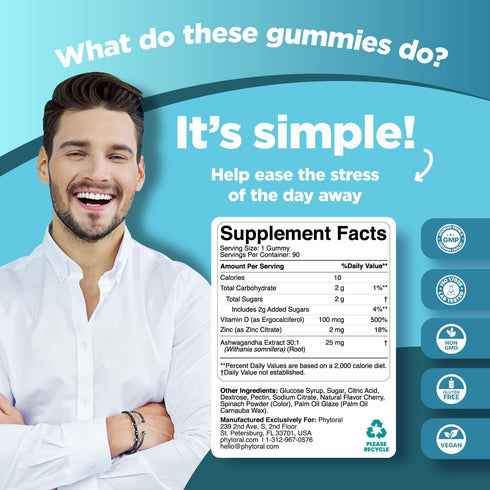 Gummies Gummies 90 Count Phytoral Calming Ashwagandha for Men and Women - Root Extract with Zinc and Vitamin D - Tasty