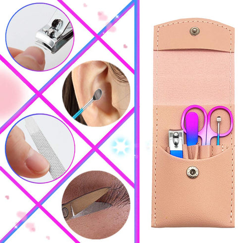 Professional Women Manicure Set, 4PCS Nail Clippers Kit, Stainless Steel Grooming Tools, PU Leather Travel Case