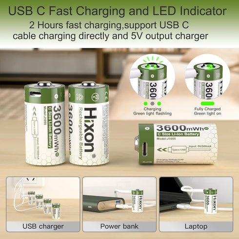 Hixon 1.5V 3600mWh 2 1500 2-in-1 2-Pack USB Rechargeable Lithium Batteries C Size, Rechargeable C Battery, Charges