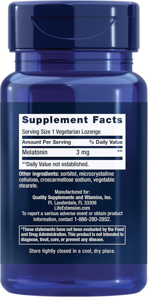 Life Extension Melatonin, 3 mg, optimal sleep support, healthy circadian rhythms, cellular defense, gluten-free, non-GMO, vegetarian, 60 chewable lozenges