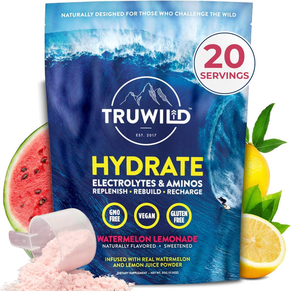 TruWild Natural Hydration Powder, Zero Sugar Vegan Electrolytes + Amino Acids, Post Workout Muscle Support Supplement