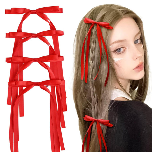 VOBOBE Hair Bows for Women - 4PCS Red Tassel Ribbon Bowknot Hair Clips Barrettes with Long Tail, Solid Satin