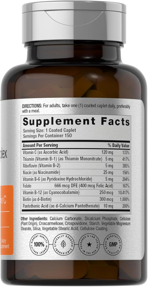Horbaeach B-Complex | 150 Caplets | Plus Folic Acid & Vitamin C | Non-GMO & Gluten Free Supplement for Men and Women