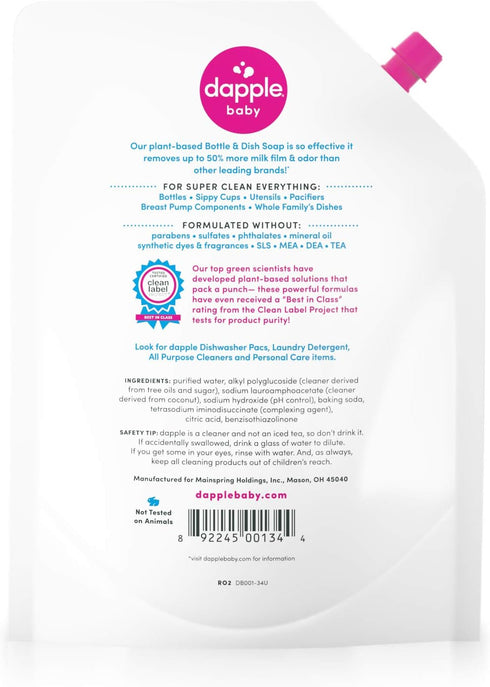 Dapple Baby Bottle and Dish Liquid Refill, Plant Based, Hypoallergenic, 34 Fl Oz, Pack of 2