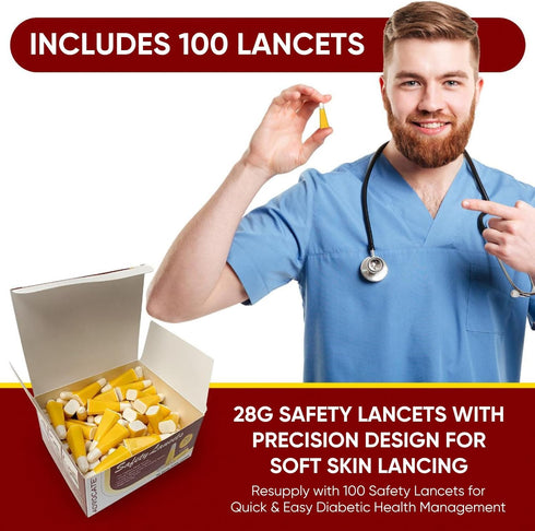 Pressure Activated Safety Lancets 26G 1.8mm, Box of 100, Advocate Glucose Testing Device