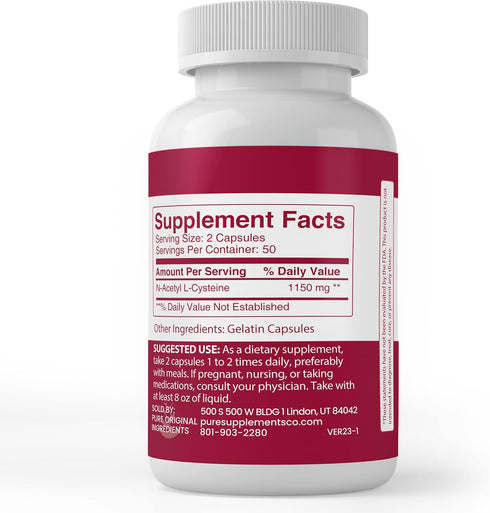 PURE ORIGINAL INGREDIENTS N-Acetyl L-Cysteine NAC - 100 Capsules | Always Pure, No Additives or Fillers
