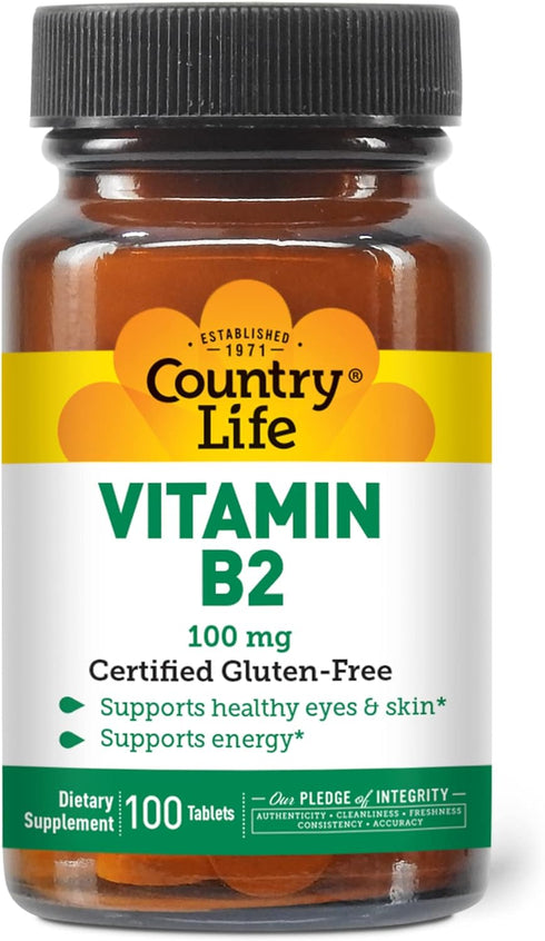 Country Life Vitamin B-2, 100 mg - 100 Tablets - Supports Healthy Eyes, Skin & Energy - Certified Gluten Free